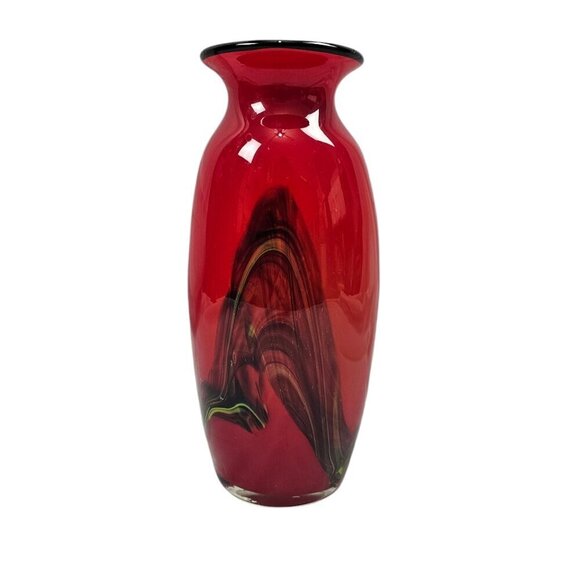 Glass Blown Sommerso Art Red And Black Glass Vase - Picture 4 of 5